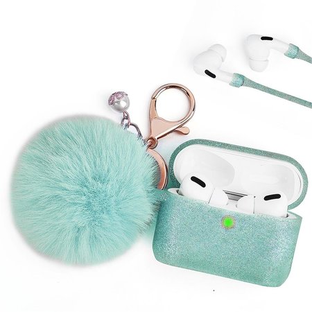 IPHONE iPhone CAAPR-FURB-MT Furbulous Collection 3 in 1 Thick Silicone TPU Case with Fur Ball Ornament Key Chain & Strap for Airpods Pro - Glittery Mint Green CAAPR-FURB-MT
